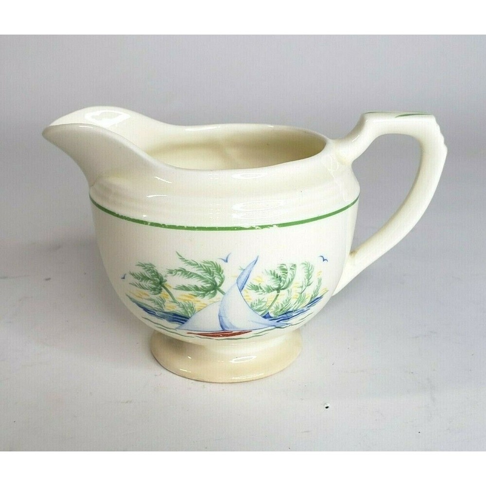 Vtg Steubenville "Sandra" Creamer USA Sailboat Palm Trees Art Deco Coastal Beach